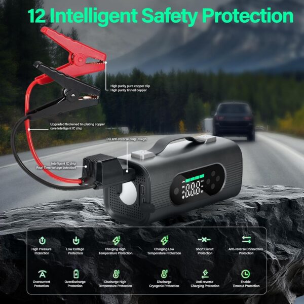 Newest 8 In 1 Portable Car Battery Starter With Air Compressor, Car  Wireless Vacuum Cleaner 150PSI Car Battery Starter 12V With Large LCD Display - Image 9